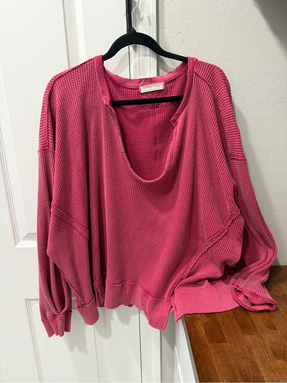 Free People Red/ Pink Waffle Knit Oversized Sweatshirt